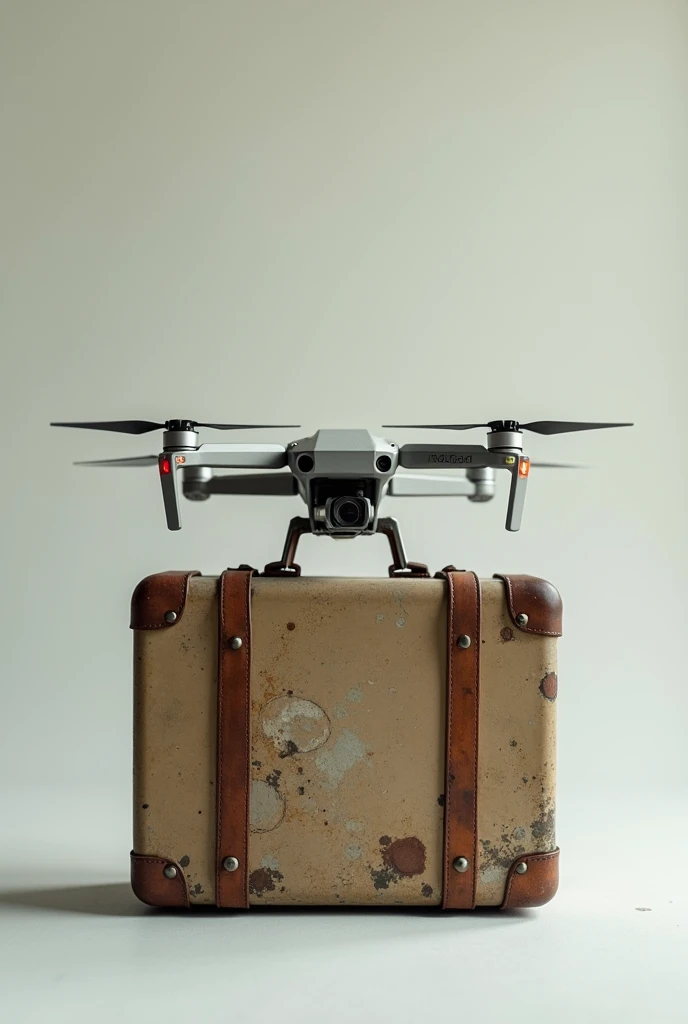 A suitcase without a handle with a drone stuck to the part where the handle used to be