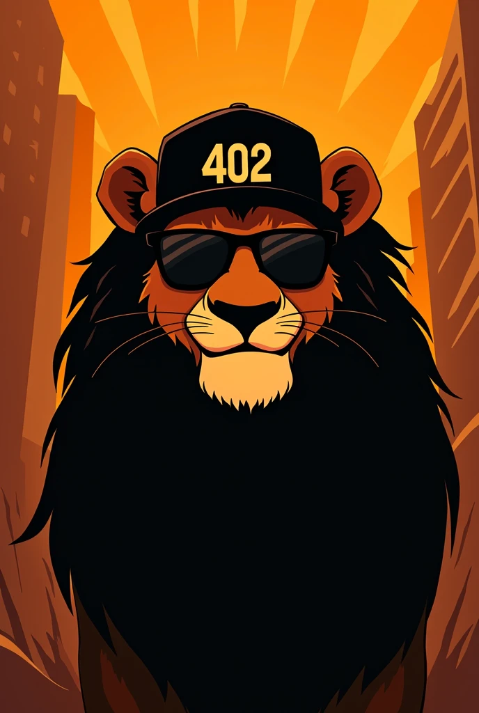 Silhouette of only the front face of an animated lion with an urban flow with completely dark square glasses and a backwards cap that transmits appetite with orange and black colors and on the cap put 402 showing only the silhouette of the face doing the action of smiling or satisfaction