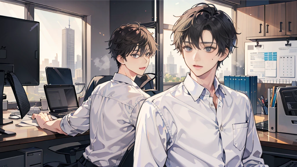 1 boy,((Solitary)),aldult,Shy,happy looking,Set,White shirt,Upper Body,tie,Pants,best quality,Facial details,office,(background office)Face facing the camera,Sitting upright