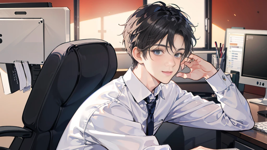 1 boy,((Solitary)),aldult,Shy,happy looking,Set,White shirt,Upper Body,tie,Pants,best quality,Facial details,office,(background office)Face facing the camera,Sitting upright