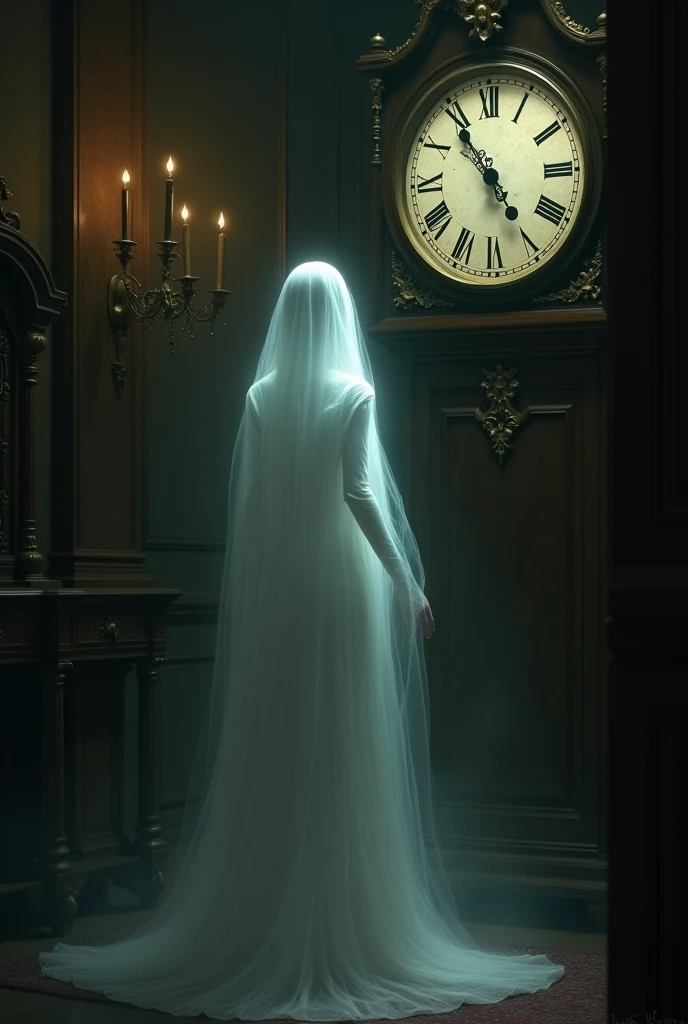 The figure fades away as the clock strikes the hour.)