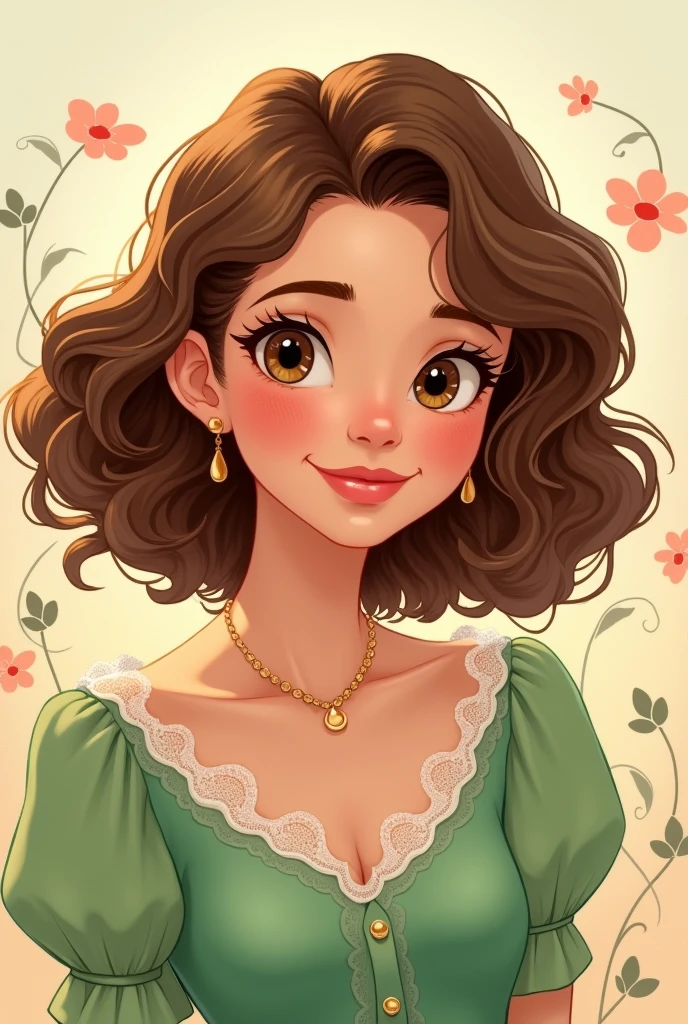 disney drawing of a brunette woman with curly hair, brown eyes, wearing a green blouse