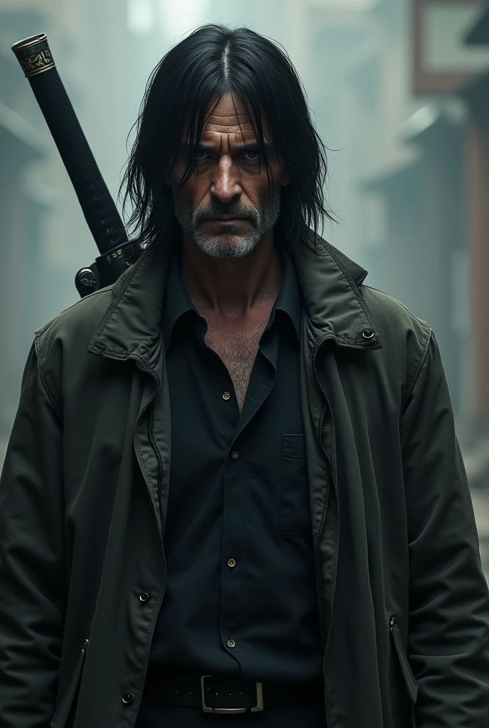create me a 40 year old man, tired look, dark countenance, medium straight black hair with a katana on the back and gloves on the hands