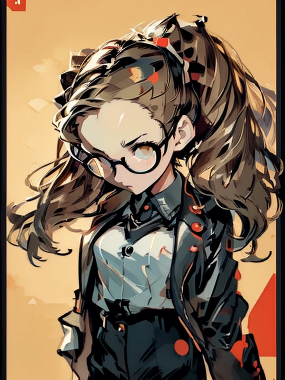 ((chibi)), big head, focus face, flat avatar, in the art style of persona5, (masterpiece:1.2, highest quality), (Realistic, photoRealistic:1.4), Beautiful illustrations, (Natural Side Lighting, Cinema Lighting), Written boundary depth, Beautiful thighs staring at the viewer, 1 female, 30-year-old, alone, thin, slender, (small breasts), long Hair, twintails, Forehead, Forehead, Forehead, Forehead, thin, slender, glasses, ((Skinny black pants, collared shirt)), Are standing, (((glasses))), ((Close-up)), ((Close-up)), ((Close-up))