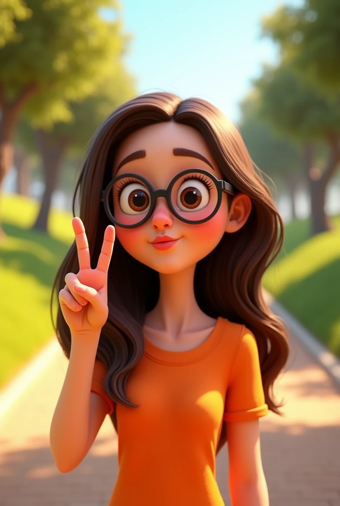 A 3d movie poster in Pixar style.
Person with long brown hair, round glasses, white skin color, right hand raised making the peace and love sign with fingers, orange shirt, making a kiss with lips, park background.