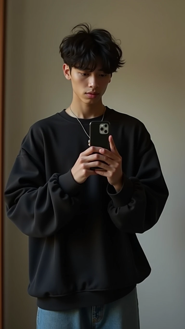 Hiper realistic and natural picture, 18 years boy taking a selfie in the mirror, Looking at the cell phone he is taking the picture on, wearing Black oversized shirt, Baggy jeans, Aesthetic clothing, oversized clothing, pretty boy, cute boy, beautful, short black weavy hair, dark look, modest outfits, short hair, natural hiper real, light brown skin, short weavy hair, perfect face, perfect hands
