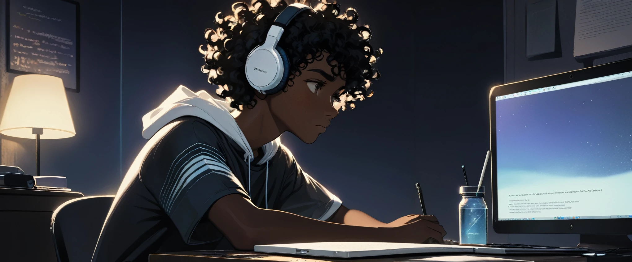 ((Boy)), ((Dark Skin)), ((Freckles on Face)), black curly hair, white streak, ((Studying)), bedroom, ((Calm)), ((Chill)), ((Headphones)), ((Laptop)), ((Monitor)), Night, Bottle, Desktop, ((Hacking)), ((Hacker)), Tech, HD, High Resolution, 4K