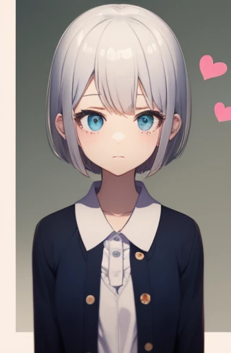 masterpiece, Highest quality, white short hair, kawaii, Yandere, cute, アニメ, blue green eyes in small hearts, crazy eyes, girl wearing a cardigan over a short-sleeved uniform blouse, young sister, short skirt, front view, high school girl, crazy girl,