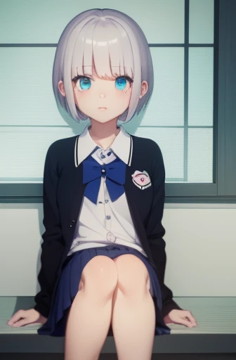 masterpiece, Highest quality, white short hair, kawaii, Yandere, cute, アニメ, blue green eyes in small hearts, crazy eyes, girl wearing a cardigan over a short-sleeved uniform blouse, young sister, short skirt, front view, high school girl, crazy girl,