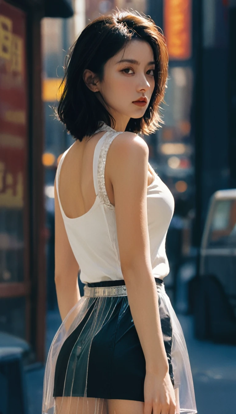 girl,1 female, Exquisite eyes,Delicate face , Thigh details, On the streets of New York, Detailed background, Movie Shadows, Dramatic Lighting by Bill Sienkiewicz, _girl, Aesthetic portrait, Low angle shot of cowboy, Tight vest, (Puff sleeves:1.3), (Transparent Mini Skirt:1.4), 