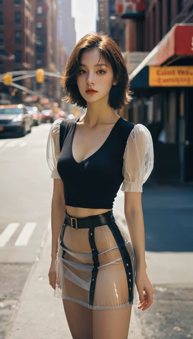 girl,1 female, Exquisite eyes,Delicate face , Thigh details, On the streets of New York, Detailed background, Movie Shadows, Dramatic Lighting by Bill Sienkiewicz, _girl, Aesthetic portrait, Low angle shot of cowboy, Tight vest, (Puff sleeves:1.3), (Transparent Mini Skirt:1.4), 