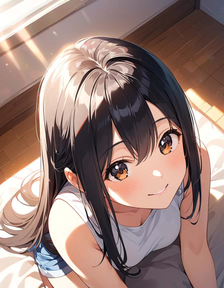 Girl,cute,cute,From above,Chest to head,Look up here,smile,Straight Hair,Long Hair,Black Hair,sitting,morning,sunny,big breast photos,Leaning forward,looking at the camera,Bedroom,Sun light,Tank top