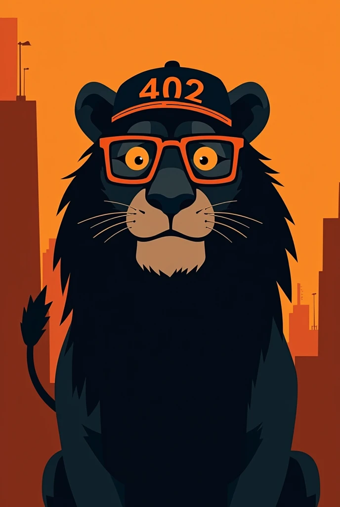 Silhouette of only the front face of an animated lion with an urban flow with completely dark square glasses and a backwards cap that transmits appetite with orange and black colors and on the cap put 402 showing only the silhouette of the face doing the action of smiling or satisfaction