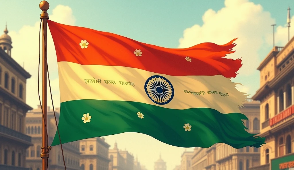 India's old  kalkuta a group of people shaking
Flag .Flag:**Prompt:**

Create a detailed historical illustration of the first Indian flag, designed in 1906. The flag should have three horizontal stripes: green at the top, yellow in the middle, and red at the bottom. On the green stripe, depict eight white lotuses evenly spaced, symbolizing the eight provinces of British India. In the center yellow stripe, include the words "Vande Mataram" written in Devanagari script. The bottom red stripe should feature a white crescent moon and a star, representing India's Islamic community. The flag should be shown fluttering with pride, symbolizing the unity of India's diverse religious communities. The overall image should convey a sense of early nationalism and the struggle for independence. 