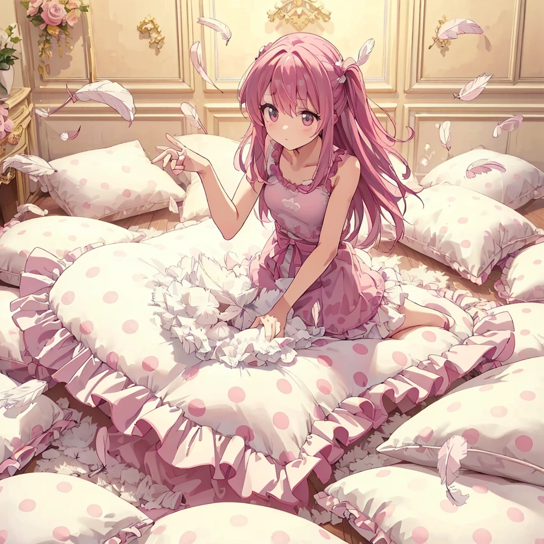 (best quality， masterpiece) , details, (Light and shadow oxtail) , Cute girl posing on pillow ，Pillow, Upholstered，Soft pillow，（Pillow），The love surrounding the protagonist，steam，(Luxury Pillow），（Gorgeous pattern pillow），luxurious pillow, standing,（Love around the protagonist），（pillow）, long hair, frilled pillow , ((pink pillow))  , 1 pillow, standing on a top of pillow, on pillow, big pillow, fluffy pillow, pillow damage, stomping pillow, stonping, pillow on floor, stepping on pillow, posing on top pillow, full body, pillow on floor, (((pink hair))), hatsune (princess connect), (((feathers))), pillow destroy, ripping pillow, tearing pillow in half, feathers everywhere, cotton, stuffing pillow