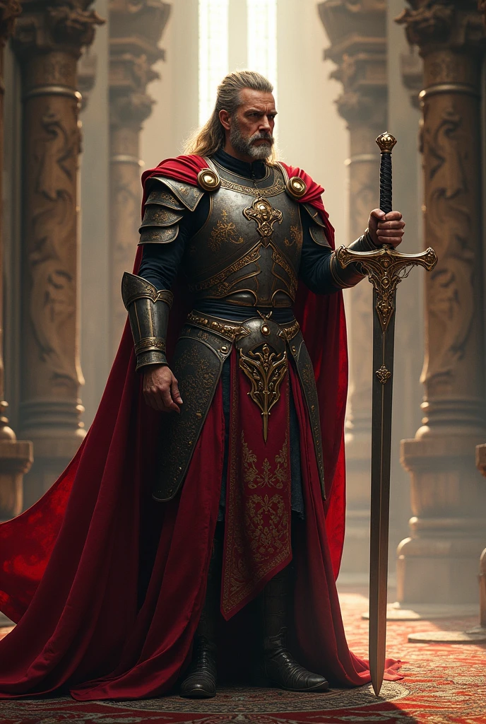 I am the warrior of the magic sword of the alliance of time , The message I want to convey is that magic exists , very royal style , 24k uses the rules of cinematic photography composition, the finish is like in photoshop