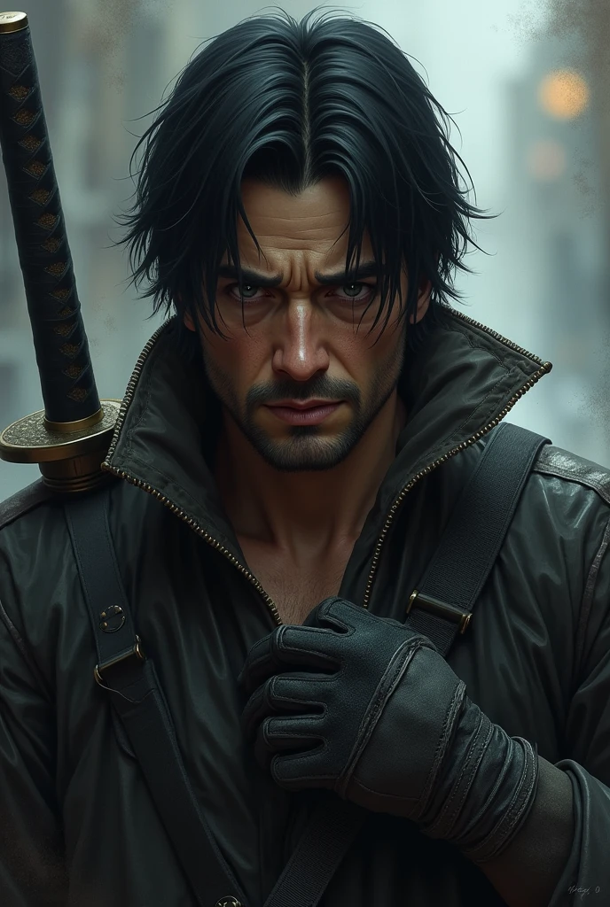 create me a 35 year old man, tired look, dark countenance, medium straight black hair with a katana on the back and gloves on the hands 