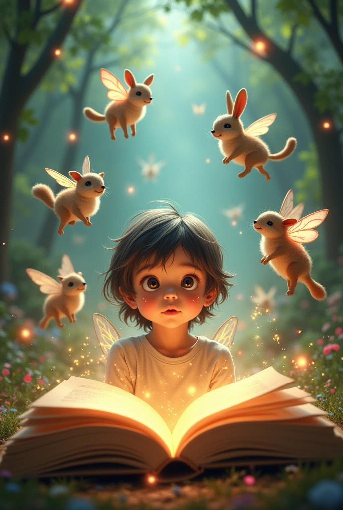 A child is amazed after opening the book and seeing the imagination of animal fairies around him.
