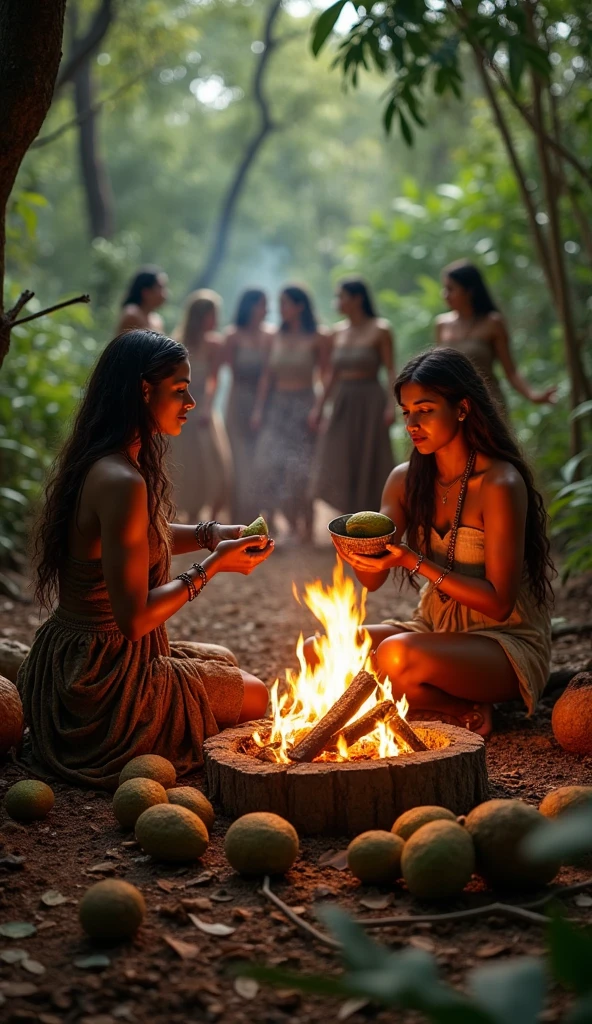 a fair-skinned woman with long straight light brown hair and another fair-skinned woman with shoulder-length wavy light brown hair, both Aztec and Mayan healers with equal importance in the ritual, in a forest around a campfire doing a cocoa ritual, one holding the cocoa fruit and the other a bowl over the fire, in the background women dancing and the cocoa fruit on the ground, convey depth