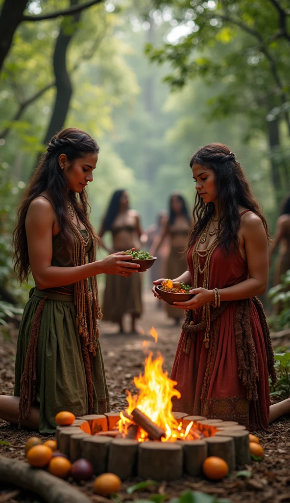 a fair-skinned woman with long straight light brown hair and another fair-skinned woman with shoulder-length wavy light brown hair, both Aztec and Mayan healers with equal importance in the ritual, in a forest around a campfire doing a cocoa ritual, one holding the cocoa fruit and the other a bowl over the fire, in the background women dancing and the cocoa fruit on the ground, convey depth