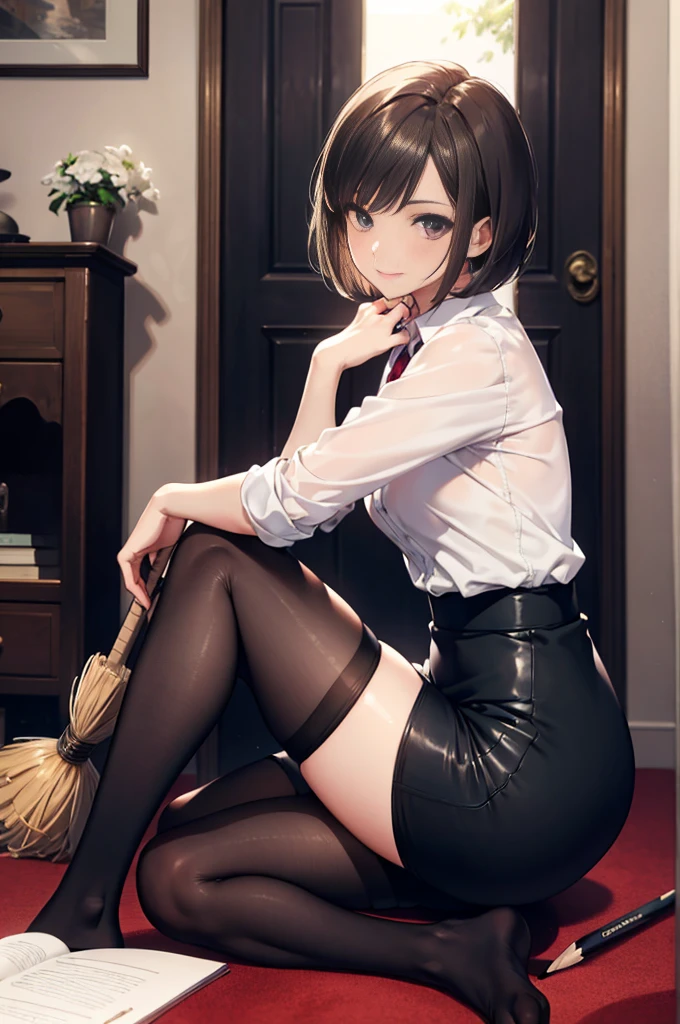 (masterpiece), 4K,woman,I have a broom,Housewife,There are,Small breasts,Small Ass,Bobcut,Light bulb lighting,Realistic, skinny, Amis Stockings,smile,sit,((Knee-length pencil skirt)),