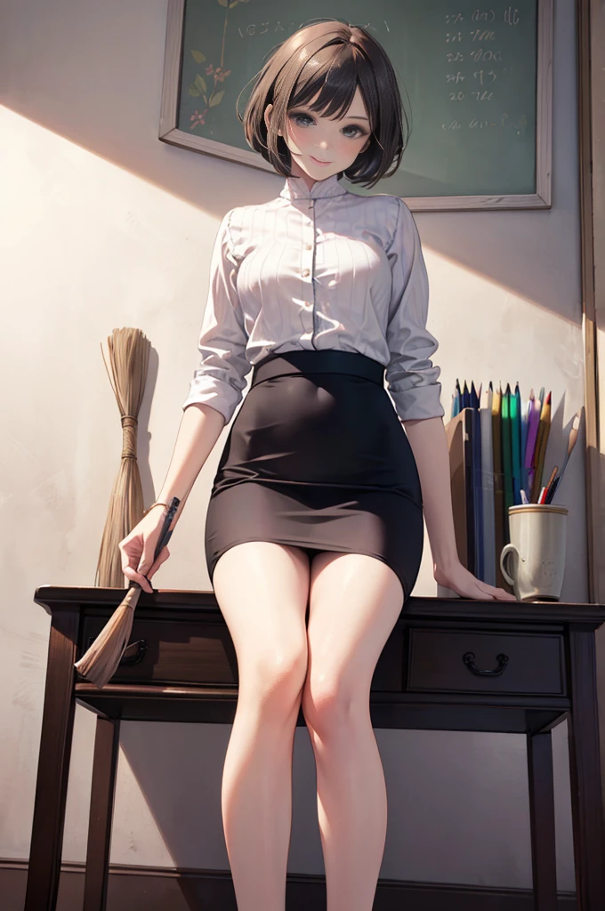 (masterpiece), 4K,woman,I have a broom,Housewife,There are,Small breasts,Small Ass,Bobcut,Light bulb lighting,Realistic, skinny, Amis Stockings,smile,sit,((Knee-length pencil skirt)),