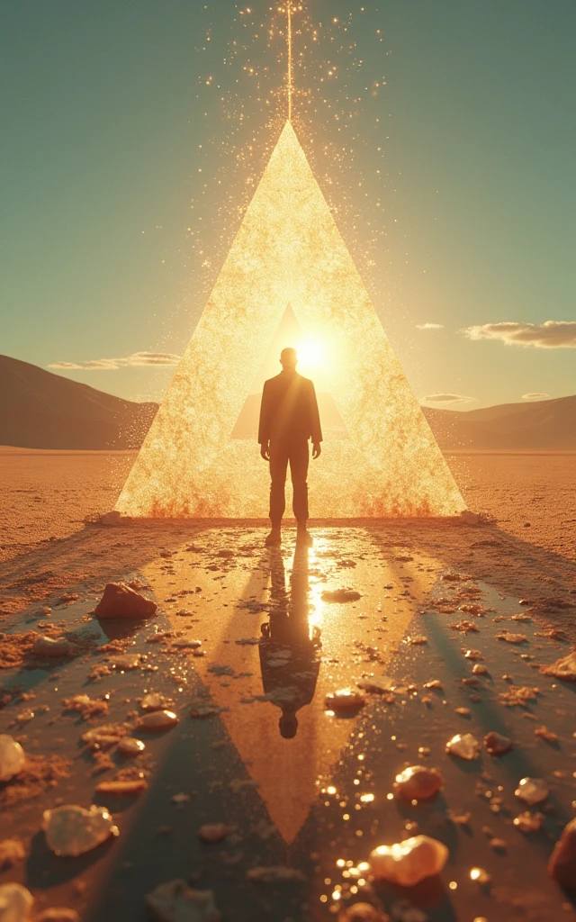 there is a man standing in the desert with a large object, full of glass. cgsociety, magical crystals, still frame from a movie, inspired by Louis Mathieu Verdilhan, album art for a trance dj, the rift, triangle shards, cinematic lens flare, connectedness, shards, 4 dimensions