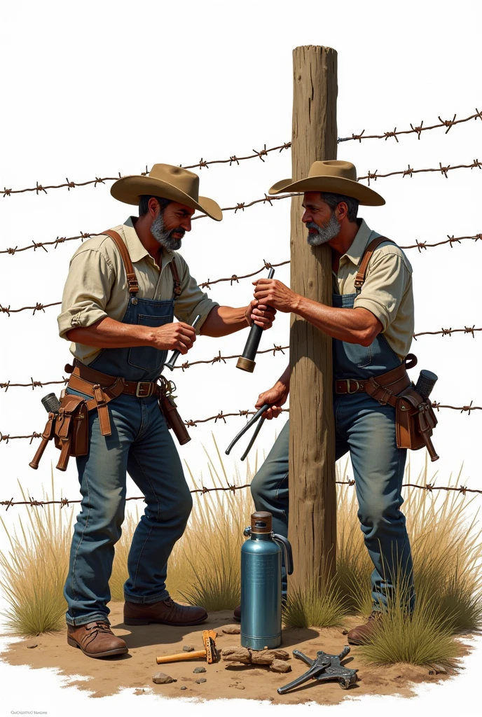 I want you to create a drawing that depicts two people in a rural setting.. The two people building a fence with barbed wire. I also want you to add the workers' work tools and a thermos of water in one place.. and that the background is transparent