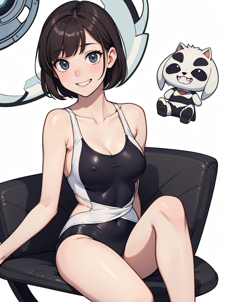 (((masterpiece, best quality, ultra highres, 1 girl, solo, white background))), super detailed skin and face and eyes and finger, cute japanese woman, small breasts, skinny, light brown hair, very short hair, knee shot, white background, 2D anime, boyish, expressionless, cartoon,  Various poses, Please draw the entire character within the frame, ensuring that the head, arms and legs are not cut off, with the character positioned centrally, smile showing teeth, nipples, female genitals visible through tight clothing, Sheer clothes, white one-piece swimsuit, sitting, spread legs,