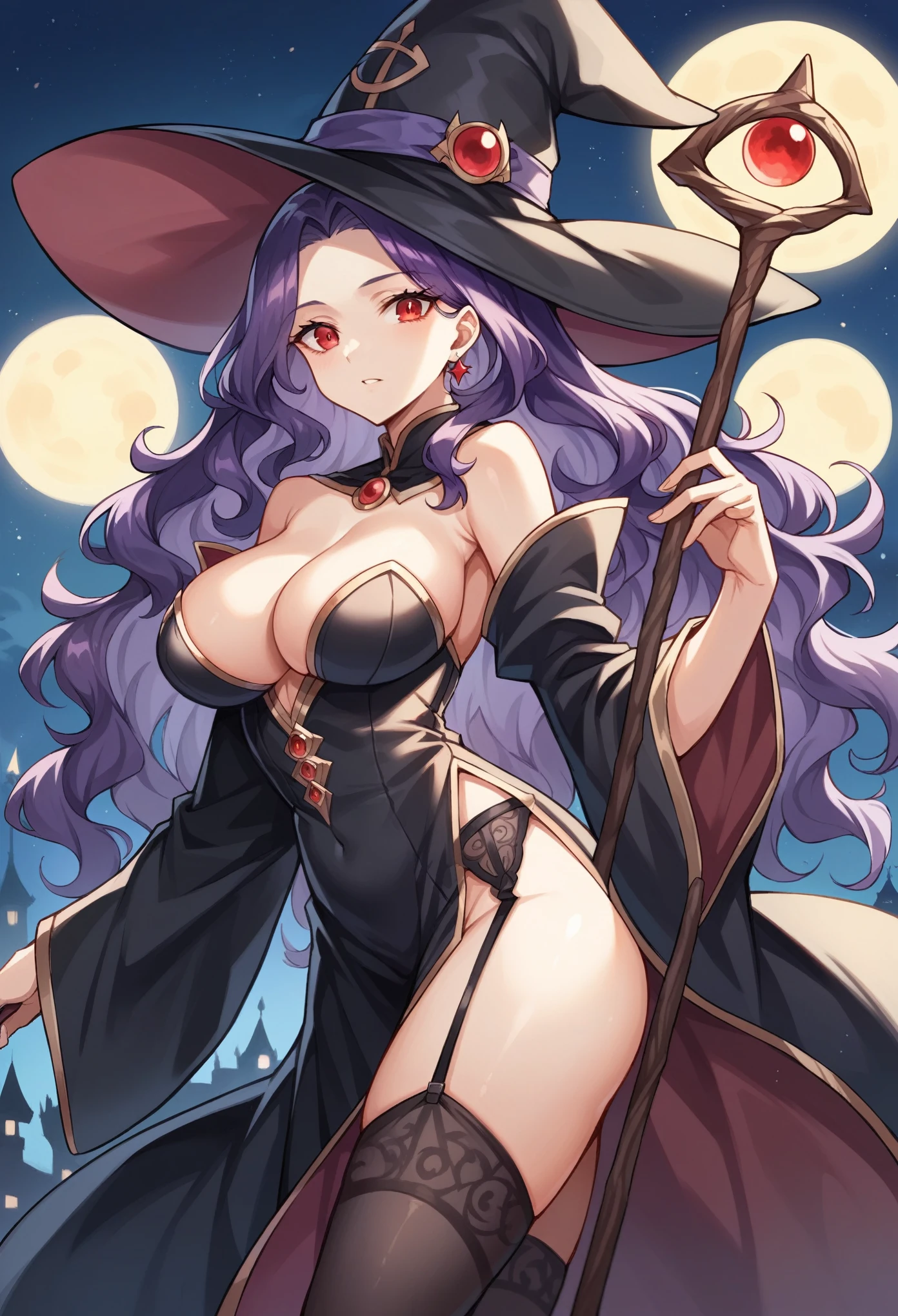 (masterpiece:1.2, Highest quality),(Anime Style),Visible from the knees to the head, 20-year-old woman,Red Eyes,Dark purple hair,Forehead is visible,Wavy Hair,Long Hair,Very large breasts,Wizard,Black witch hat,Black Robe,Black garter belt,Black Stockings,Jeweled Staff,night,tower