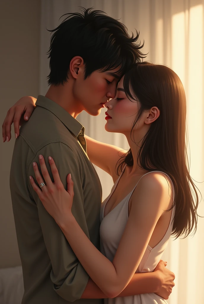 Skinny Asian white straight brown hair, hugging a dark-haired man with wavy hair