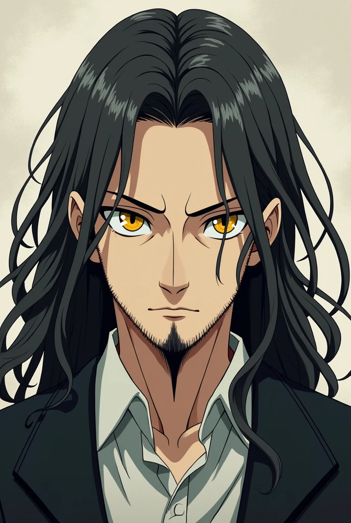 create a 30 year old man, long hair, small beard, white skin, yellow eyes, serious facial expression.
Anime style
