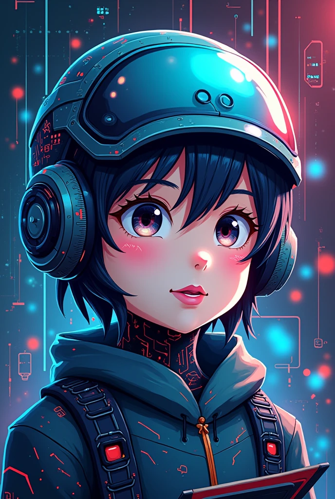 Create a logo image for your Facebook page profile ( technological color image, that has to do with school, education, book reading, newspaper, cellular, computer) put in the logo, the face of an anime style child, the half human face, half robot.