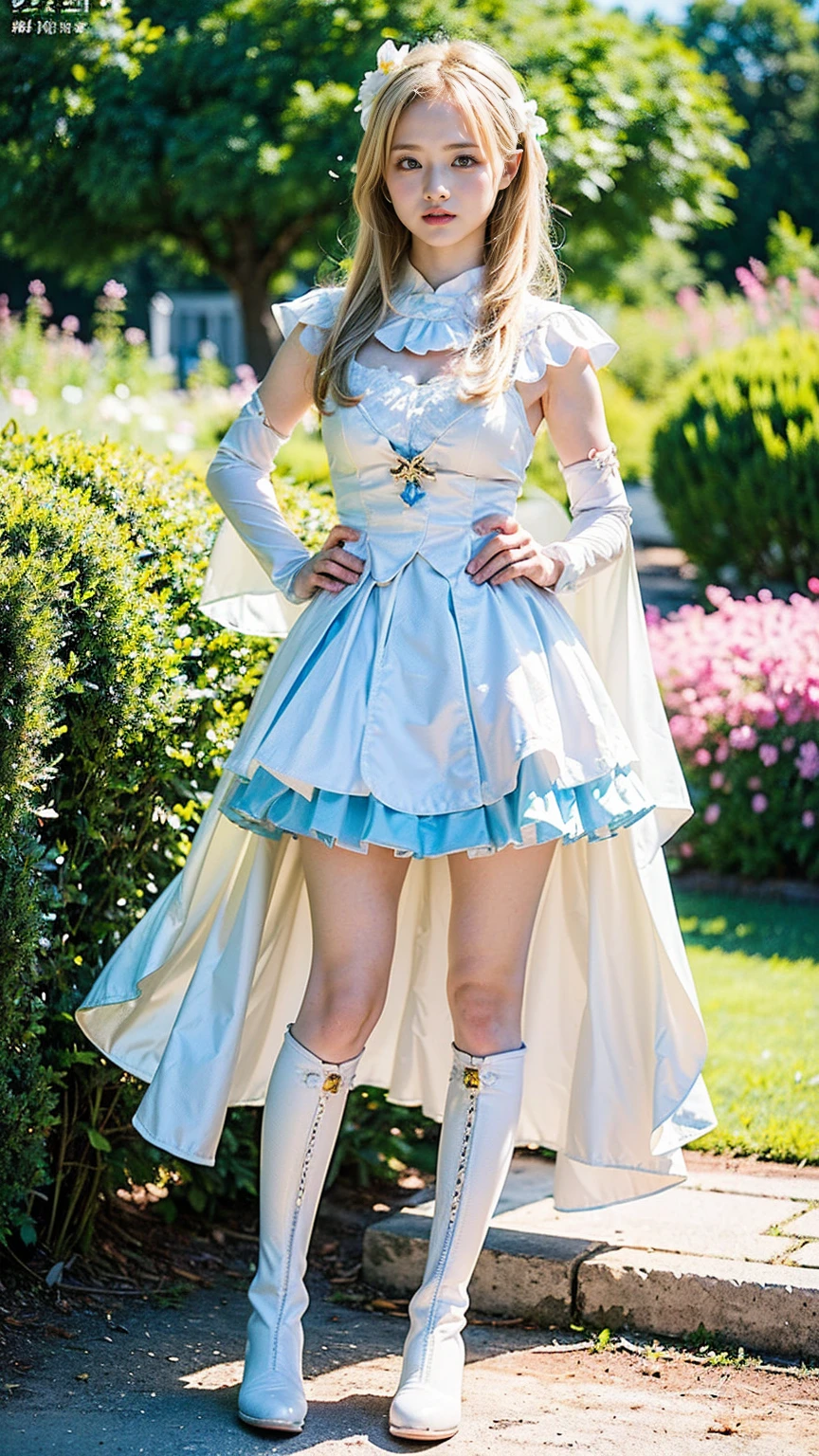 (8k、RAW Photos、Highest quality、masterpiece:1.2)、(Realistic、Realistic)、1 person、((Blonde、White and light blue、garden、Frills、Cape、mini skirt、Thin legs、whole body、boots、View from the front、Looking into the camera、Stand with hands on hips))、cute