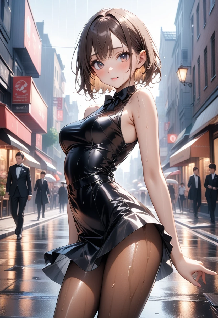 (((Rainy day in town))), Very wet from the rain, ((Fashion Model), (((A formal dress that is wet and transparent from the rain))), (skirt), (pantyhose),)), , ((Shiny Costumes)), skindentation, skinny, solo, 1 woman, Masterpiece, highest quality, highest quality, 16K, incredibly absurd, highly detailed, 2.5D, ai-generated, delicate and dynamic, very delicate facial expressions, delicate eye depiction, ??????, only sexy woman, ((A cute and kind face)), healthy figure, ((25-year-old woman)), 160cm tall, medium firm swaying bust,　Sweat,Embarrassed,sexy, ((thin thighs)),, (camel toe:0.7), , (????? nipples,:0.7), shiny and lustrous, facing straight at viewer, (((in heat))), ((Oily_skin)), ((Lots of sweat)), (((Brown Skin))), ((dutch angle)), ((?????? pose)), ((City sidewalk in midsummer)),, (((Very dynamic pose))),