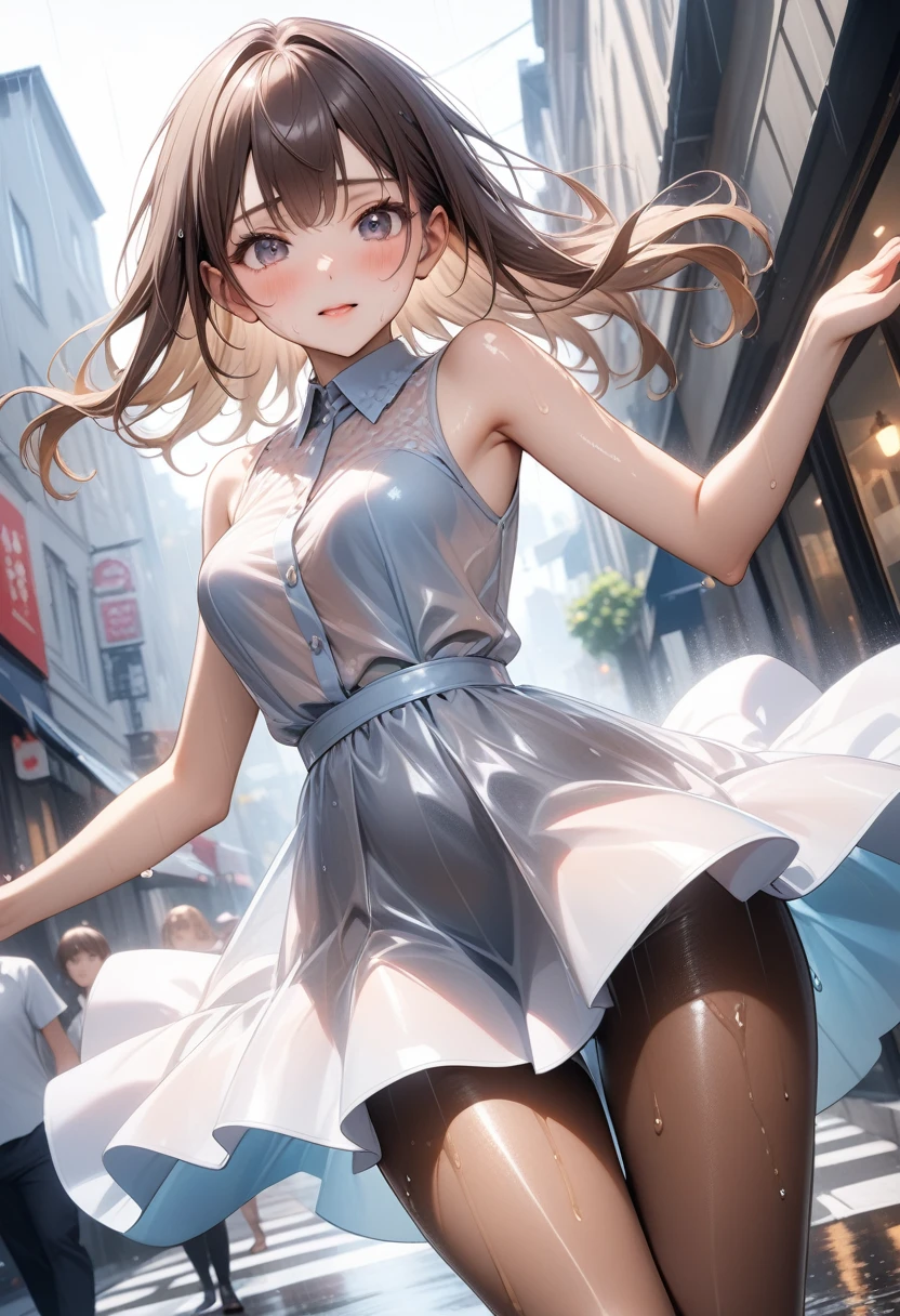 (((Rainy day in town))), Very wet from the rain, ((Fashion Model), (((A formal dress that is wet and transparent from the rain))), (skirt), (pantyhose),)), , ((Shiny Costumes)), skindentation, skinny, solo, 1 woman, Masterpiece, highest quality, highest quality, 16K, incredibly absurd, highly detailed, 2.5D, ai-generated, delicate and dynamic, very delicate facial expressions, delicate eye depiction, erotic, only sexy woman, ((A cute and kind face)), healthy figure, ((25-year-old woman)), 160cm tall, medium firm swaying bust,　Sweat,Embarrassed,sexy, ((thin thighs)),, (camel toe:0.7), , (Erect nipples,:0.7), shiny and lustrous, facing straight at viewer, (((in heat))), ((Oily_skin)), ((Lots of sweat)), (((Brown Skin))), ((dutch angle)), ((erotic pose)), ((City sidewalk in midsummer)),, (((Very dynamic pose))),