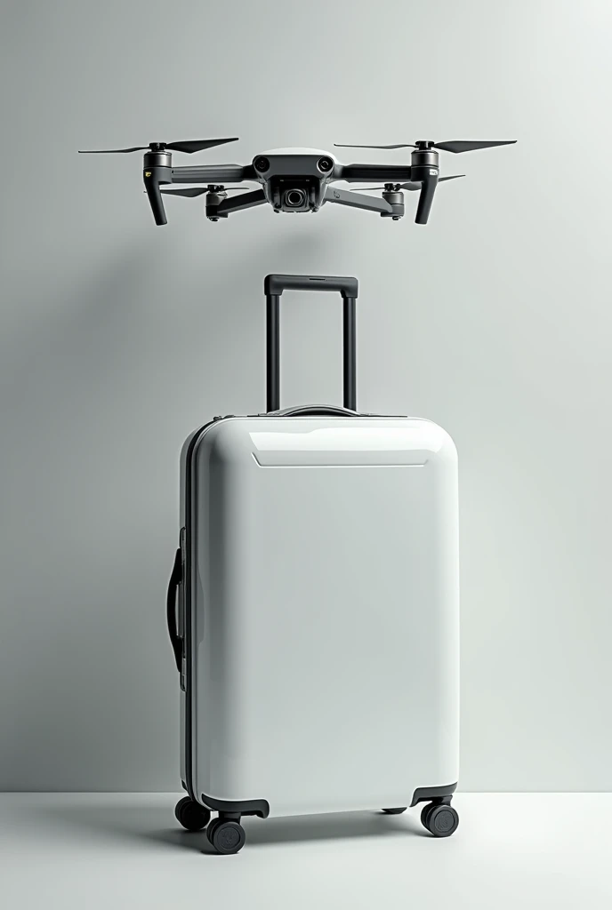 A beautiful suitcase without damage and new without a handle with a drone stuck to the top of the suitcase