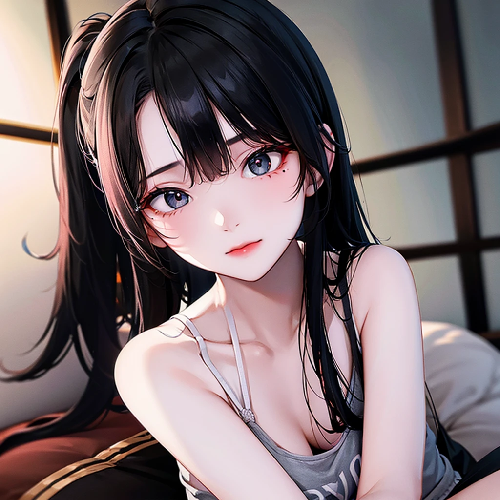 a beautifulchinese girl is sitting on the floor, in the style of light black and dark gray, 8k uhd, black hair, long hair, mole, ponytail, sitting, shorts, black eyes, indoors, nail polish, sleeves past wrists, mole under eye, blue nails, low-angle shot, pastel color grading, rear projection, western, wild west