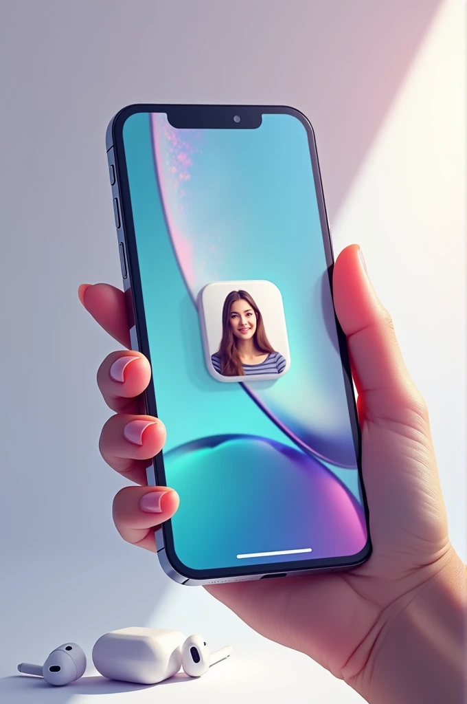 CREATE CELL PHONE IN VIDEO CALL AND AIR PODS HEADPHONES ON THE SIDE.
