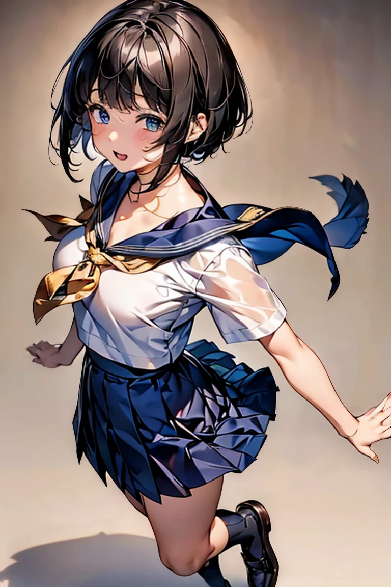 Browsing Caution,(Highest quality, 8k, masterpiece:1.3,beautiful girl), (Very detailed)Glowing Skin,((Short sleeve, cute navy sailor suit, Navy Pleated Skirt, Navy sailor collar, Blue Sailor Scarf, socks, Brown Loafers)), running、Mr.. Turning,(Perfect Anatomy, Anatomically correct, Very detailed肌),((Golden Eyes)),((Perfect Fingers,Five Fingers)),((Black Hair,Bobcut,)),Natural Makeup,Smile in full bloom、Rear View、cheeks turn a little red,In town、Hair flutters in the wind