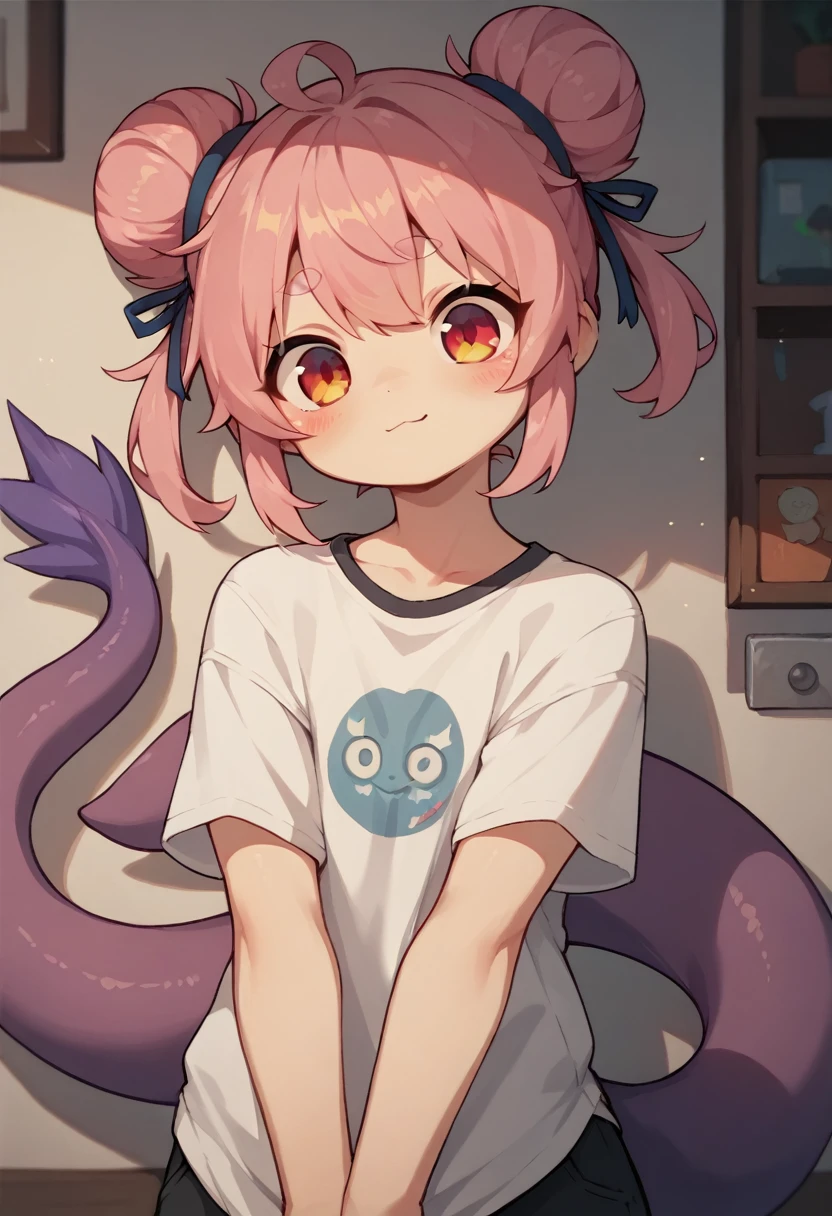 very slim cute mutant dragon girl, with pink hair bangs covering her for head and two buns, with rosy cheeks, girl has a purple tail, girl is in her cute room,