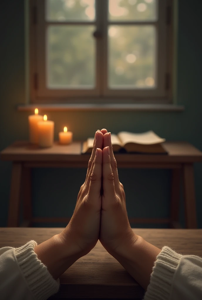 Generate an image with the words Prayer, just praying hands, in the background a table with a bible and candles