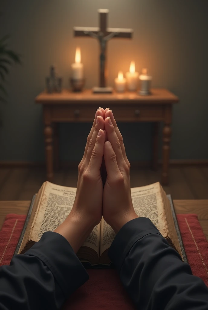 Generate an image with the words Prayer, just praying hands, in the background a table with a bible and candles