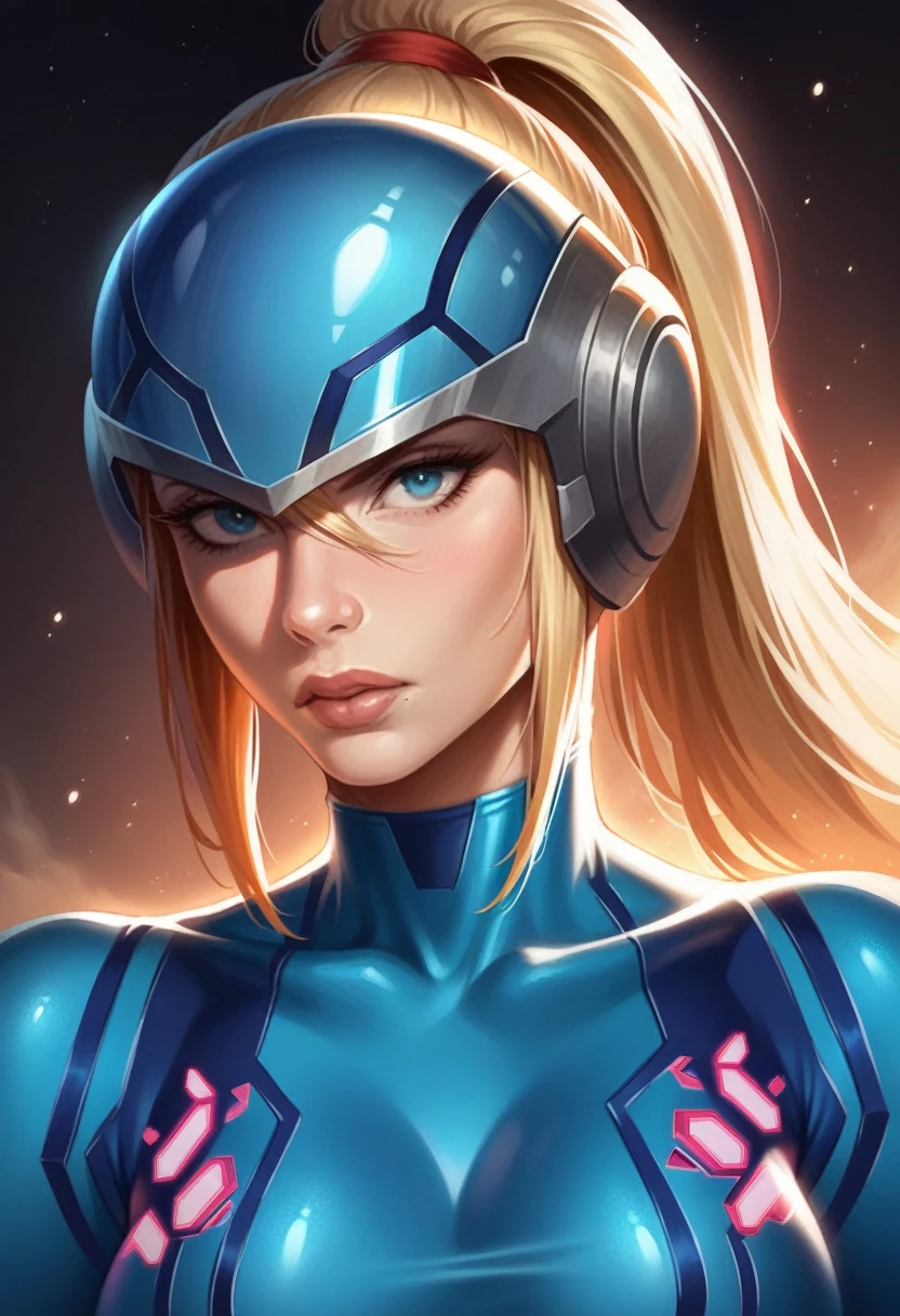 1girl, Zero Suit Samus Aran, highly detailed, extremely detailed face and eyes, beautiful detailed eyes, beautiful detailed lips, long eyelashes, athletic body, blue bodysuit, arm cannon, visor helmet, dark background, cinematic lighting, dramatic pose, cinematic composition, digital art, concept art, hyper realistic, photorealistic, 8k, masterpiece, best quality, ultra-detailed, sharp focus, physically-based rendering, vivid colors, advanced lighting