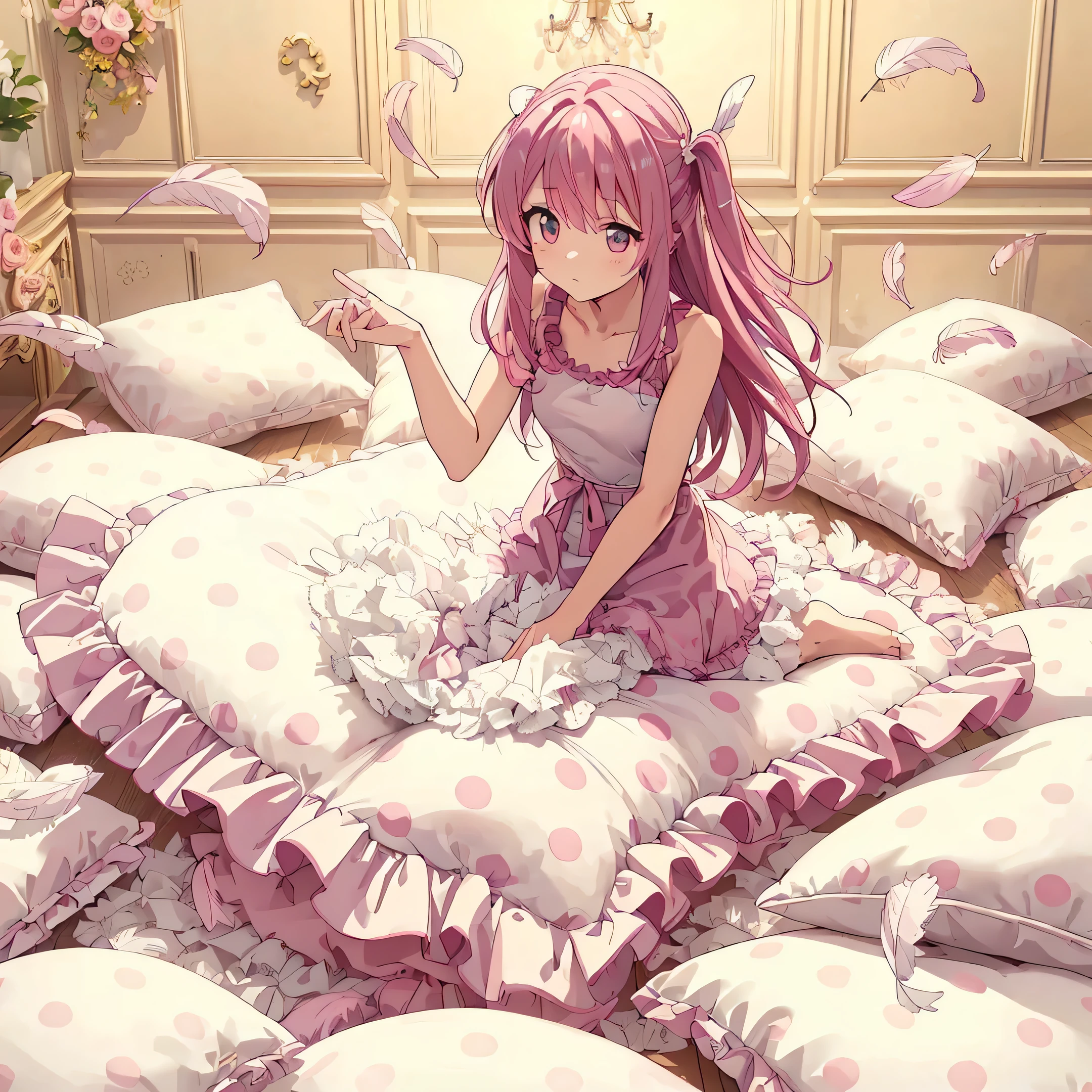(best quality， masterpiece) , details, (Light and shadow oxtail) , Cute girl posing on pillow ，Pillow, Upholstered，Soft pillow，（Pillow），The love surrounding the protagonist，steam，(Luxury Pillow），（Gorgeous pattern pillow），luxurious pillow, standing,（Love around the protagonist），（pillow）, long hair, frilled pillow , ((pink pillow))  , 1 pillow, standing on a top of pillow, on pillow, big pillow, fluffy pillow, pillow damage, stomping pillow, stonping, pillow on floor, stepping on pillow, posing on top pillow, full body, pillow on floor, (((pink hair))), hatsune (princess connect), (((feathers))), pillow destroy, ripping pillow, tearing pillow in half, feathers everywhere, cotton, stuffing pillow