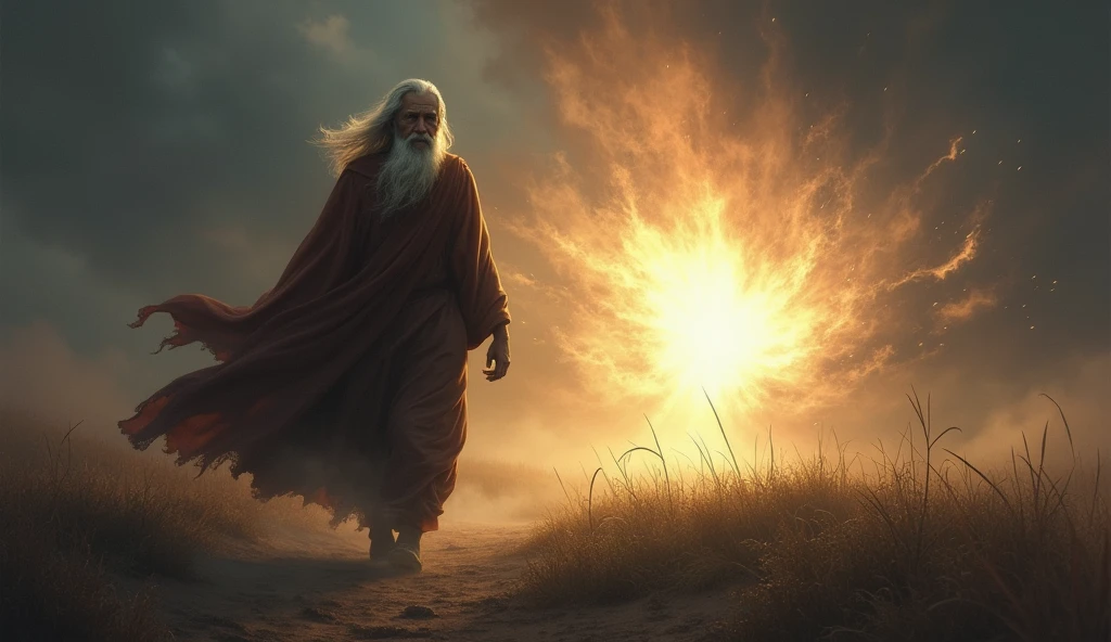 prophet Enoch, Man with white beard, age between 70 years, Enoch walking, sky darkened, wind got strong, tempstade, and then a very very bright light