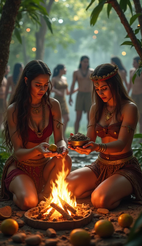 a fair-skinned woman with long straight light brown hair and another fair-skinned woman with shoulder-length wavy light brown hair, both Aztec and Mayan healers with equal importance in the ritual, in a forest around a campfire doing a cocoa ritual, one holding the cocoa fruit and the other a bowl over the fire, in the background people dancing and the cocoa fruit on the ground, convey depth