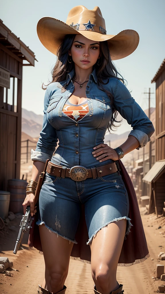 Superwoman in Wild West style, wearing Cowboys lather clothes, Cowboys hat and bring a pistol, in cowboy city, cinematic, extreem realistic, extreem detailed, extreem Sharp, super high resolution image, best quality photo,
