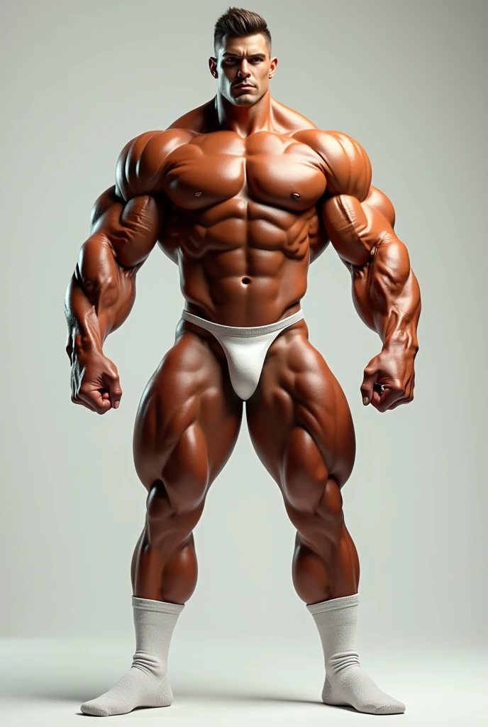 A bodybuilder of only 18 years old with a nerdy face but who is the greatest bodybuilder in history, It is so big that the proportions of its muscles escape logic..
He is wearing a pair of thigh-high white football socks which highlight his universal proportions..
He does not have a beard