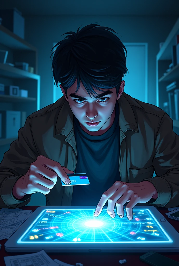Create an illustration depicting internet gambling addiction and investment addiction, with a young man handing over his credit card with obsessive eyes to the screen where games are revealed. 